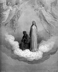 GUSTAVO DORE  PICTURES BEATRICE, THE WOMAN, AS THE PORTAL TO HEAVEN.  THIS WAS THE FAITH OF DANTE ALIGHIERI, THE AUTHOR OF "THE DIVINE COMEDY" - WHICH DESCRIBED THE WORLD OF PURGATORY, DAMNATION IN HELL, AND ENTRANCE INTO HEAVEN